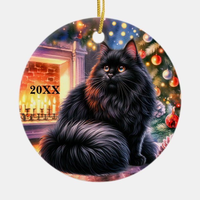 Noël Black Kitten Personnaliser Date Ornement (Devant)