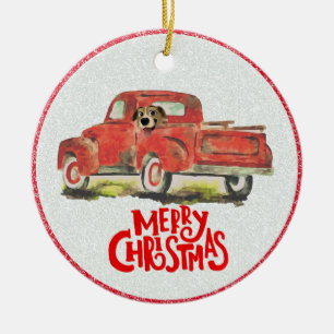 Noël Camion Rouge Chien Photo Ornement en céramiqu