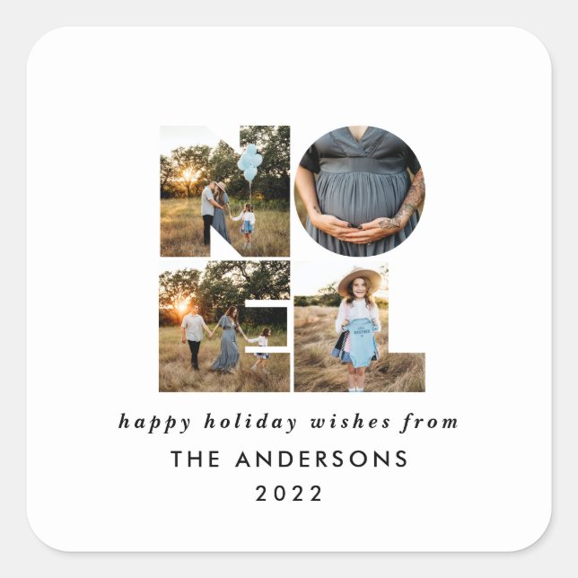 Noel Christmas bold modern 4 photo simple Holiday Square Sticker (Front)