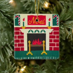 Noel Christmas Fireplace Designer Crochet Print Ceramic Ornament
