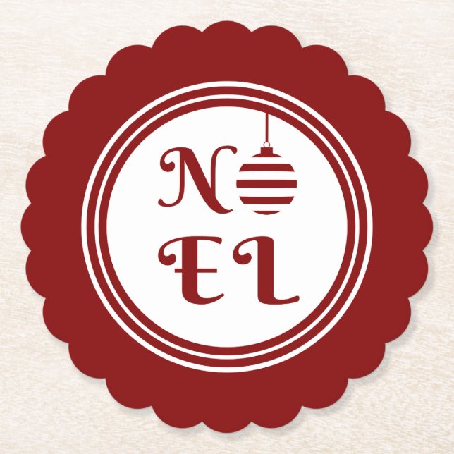 NOEL Christmas Holiday Red And White Bauble Paper Coaster (Front)