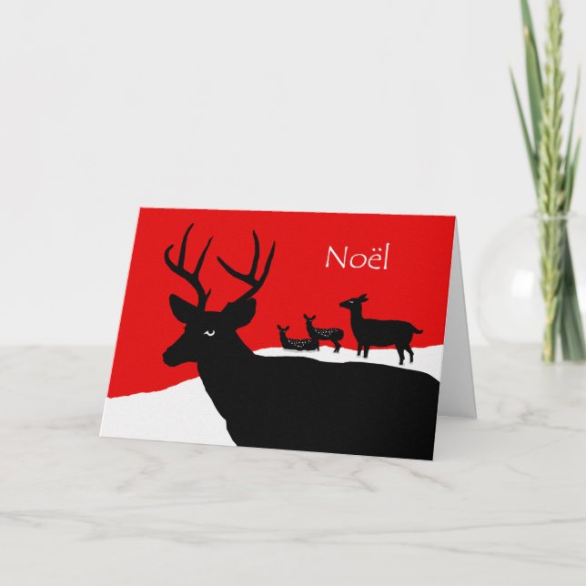 Noel, Christmas in French, Deer Family in Snow Holiday Card (Front)