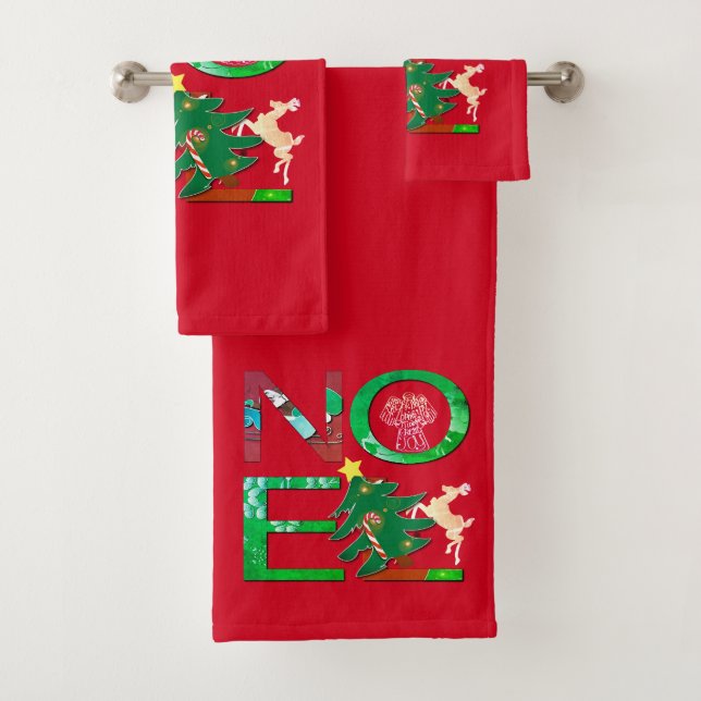 "Noel" Christmas Red Bath Towel Set (Insitu)