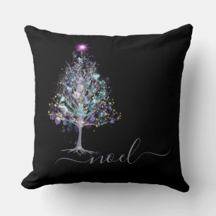 Noel christmas tree keepsake with message on black throw pillow