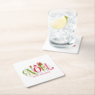 Noel colourful and fun typography resign square paper coaster