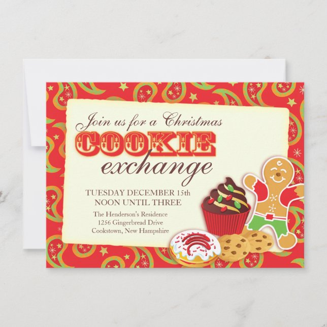 Noël Cookie exchange & étiquette invitation rouge (Devant)
