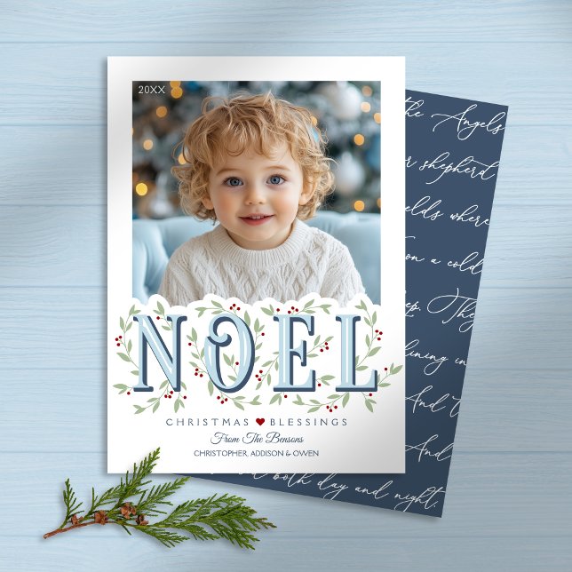 Noel Elegant Blue White Photo Christmas Card (Shown on a 5" x 7" card)