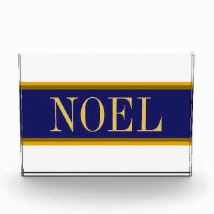 NOEL Elegant Navy Blue White Christmas Stripes Photo Block