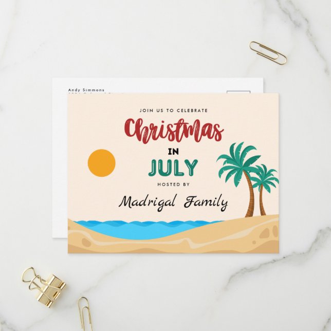 Noël en juillet Fête d'été Invitation Carte postal (Devant/Arrière en situation)