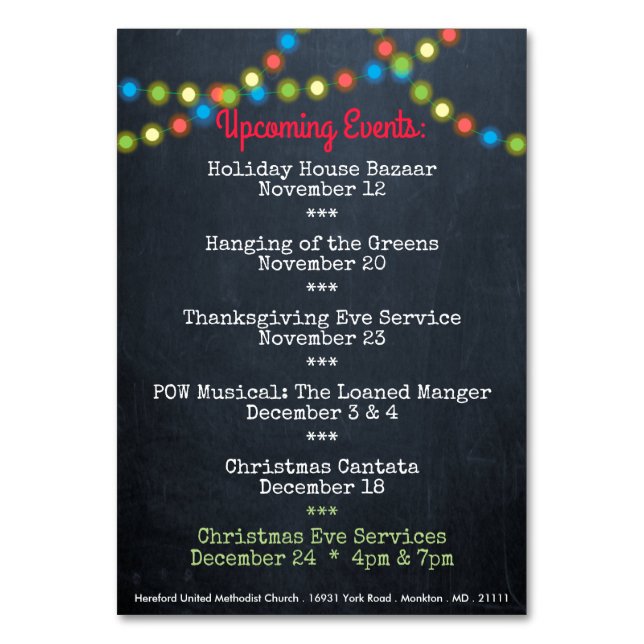 Noël Événements à venir Carte de table d'église (Dos)