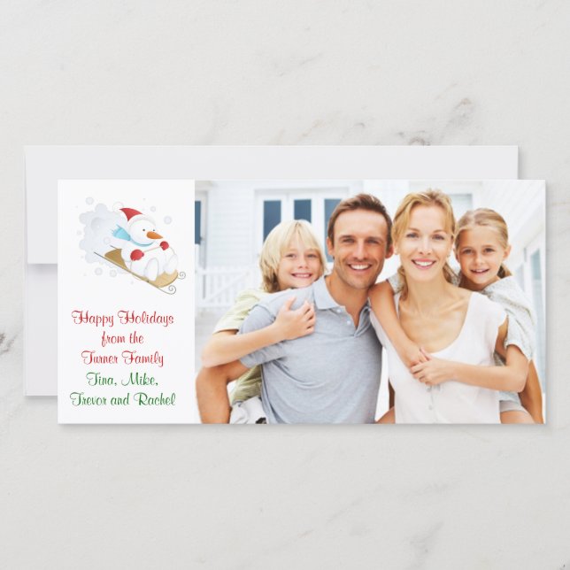 Noël Famille carte photo, avec un bonhomme de neig (Devant)