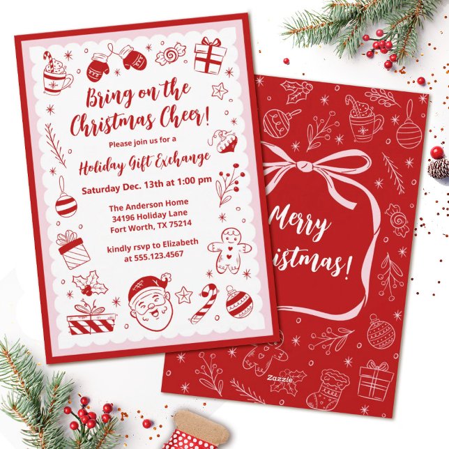 Noël Fête Échange de cadeaux Invitation (A cute whimsical hand drawn Christmas party invitation. Personalize it with your information)