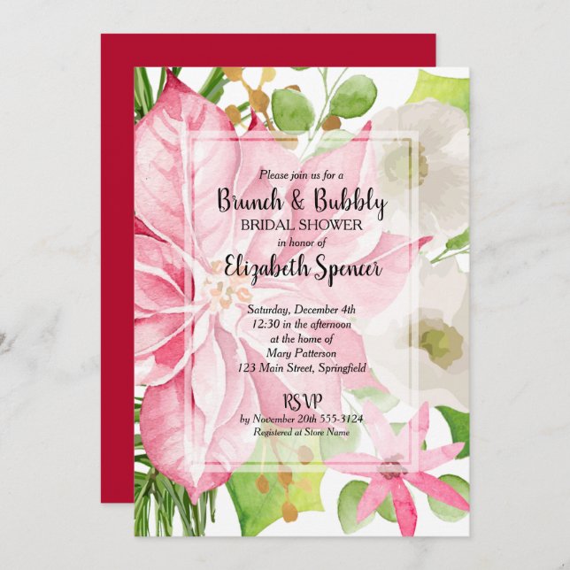 Noël Fêtes Brunch et Bubbly Floral Invitation (Devant / Derrière)