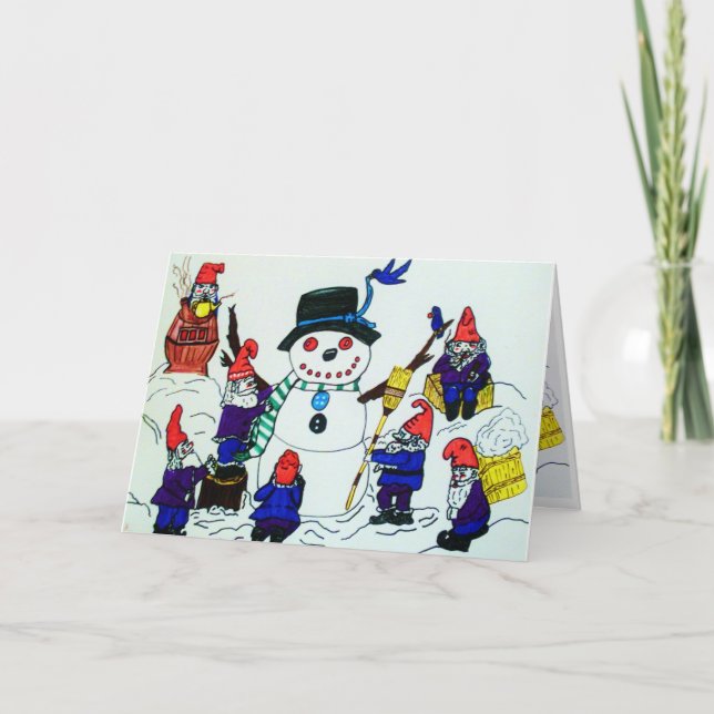 NOËL, GNOMES CONSTRUISENT une carte de BONHOMME DE (Devant)