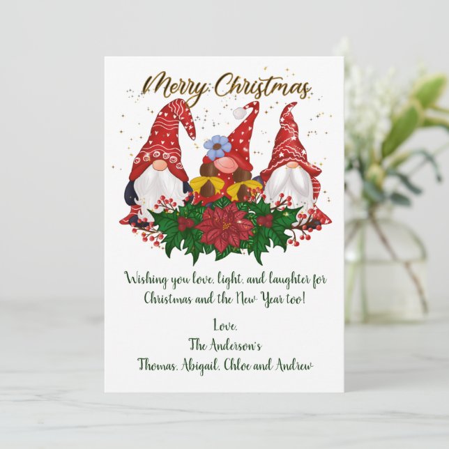 Noël Gnomes Poinsettia Carte de Noël tendance (Debout devant)