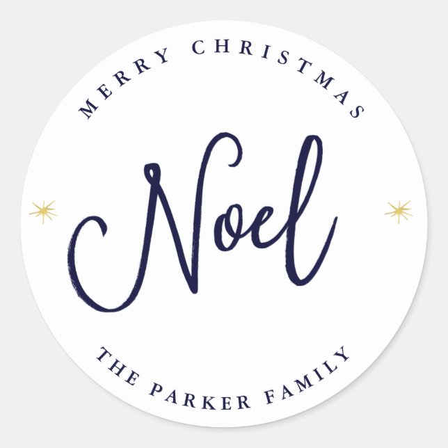 Noel | Gold Stars on Christmas Blue and White Classic Round Sticker (Front)