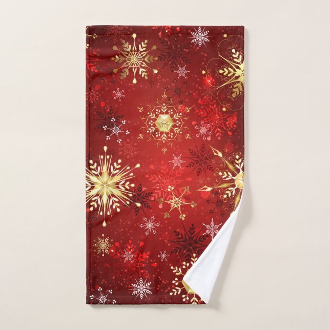 Noël Golden Snowflakes sur Arrière - plan rouge (Serviette à main)