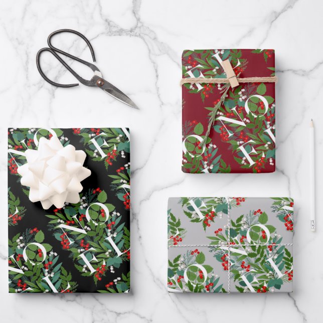 NOEL Greenery and Berries Christmas Wrapping Paper Sheet (Front)
