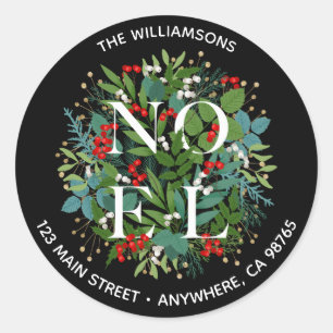 NOEL Greenery Berries Christmas Address Classic Round Sticker