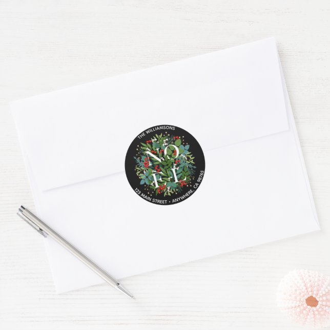 NOEL Greenery Berries Christmas Address Classic Round Sticker (Envelope)