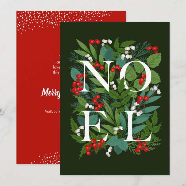 NOEL Greenery Berries Holiday Card (Front/Back)