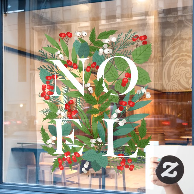 NOEL Greenery Berries Holiday Large Window Cling (Cafe Window)