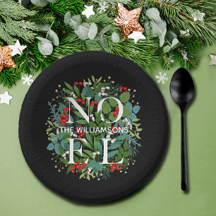 NOEL Greenery Personalized Black Christmas Paper Plate