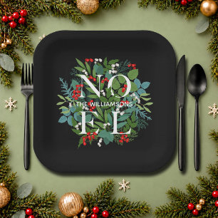 NOEL Greenery Personalized Black Christmas Paper Plate