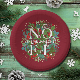 NOEL Greenery Personalized Red Christmas Paper Plate