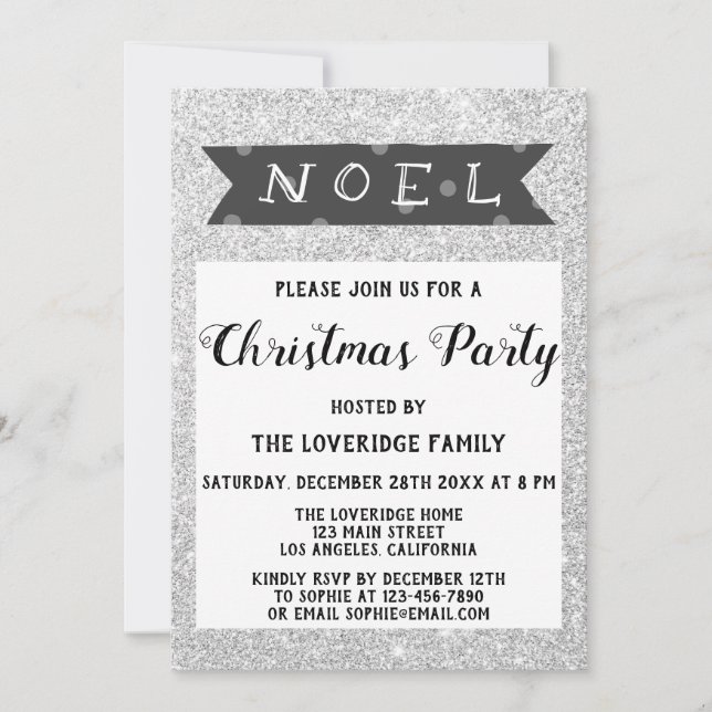 Noel Holiday Christmas Party Grey Silver Glitter Invitation (Front)