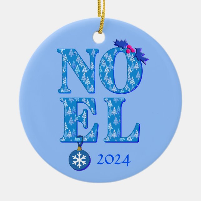 NOEL in a Blue Christmas Tree Pattern  Ceramic Ornament (Front)