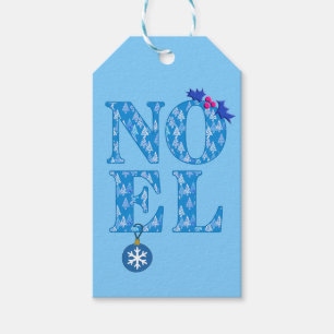 NOEL in a Blue Christmas Tree Pattern Gift Tags