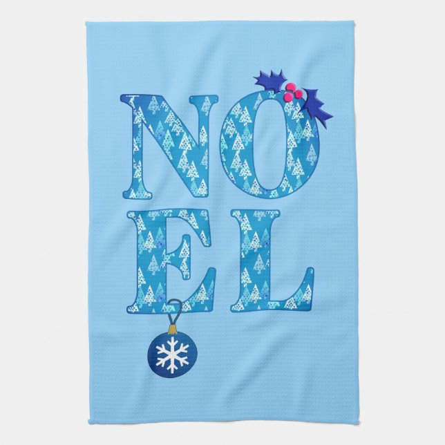 NOEL in a Blue Christmas Tree Pattern Kitchen Towel (Vertical)