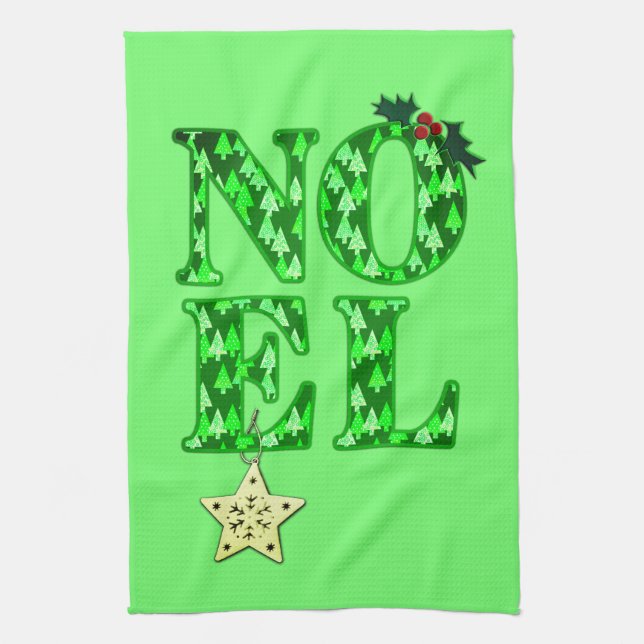 NOEL in a Green Christmas Tree Pattern Kitchen Towel (Vertical)