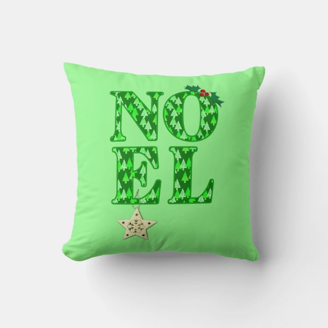 NOEL in a Green Christmas Tree Pattern  Throw Pillow (Front)