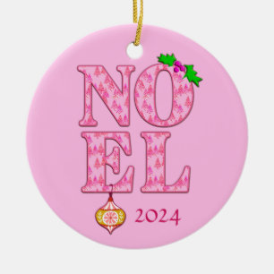NOEL in a Pink Christmas Tree Pattern Ceramic Ornament