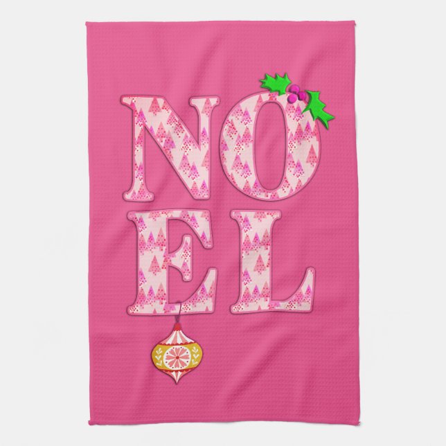NOEL in a Pink Christmas Tree Pattern  Kitchen Towel (Vertical)