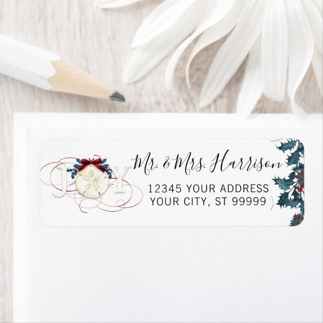 Noël Joy Beach Sand Dollar Rouge Holly Script (En situation)