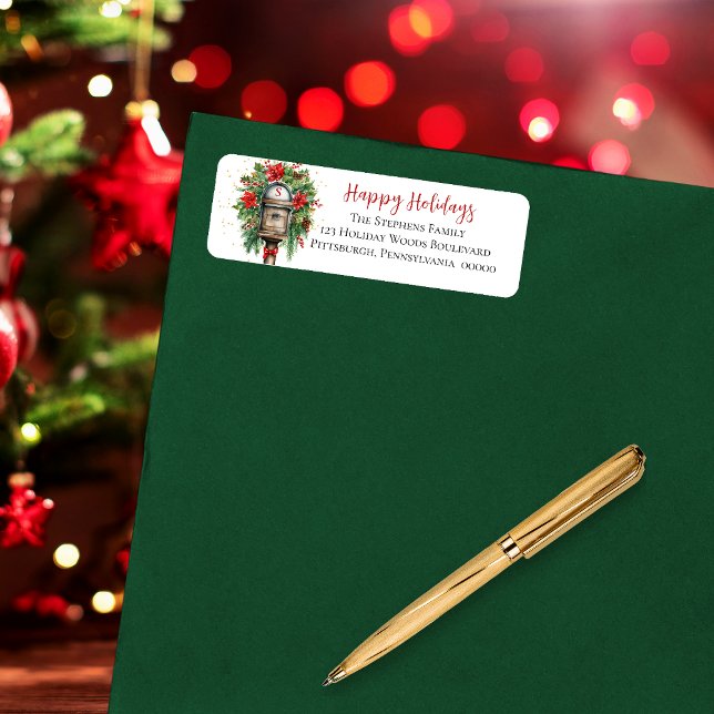 Noël Joyeux vacances Boîte aux lettres Floral Mono (Elegant Christmas "Happy Holidays" Mailbox Poinsettia Floral Return Address Label)