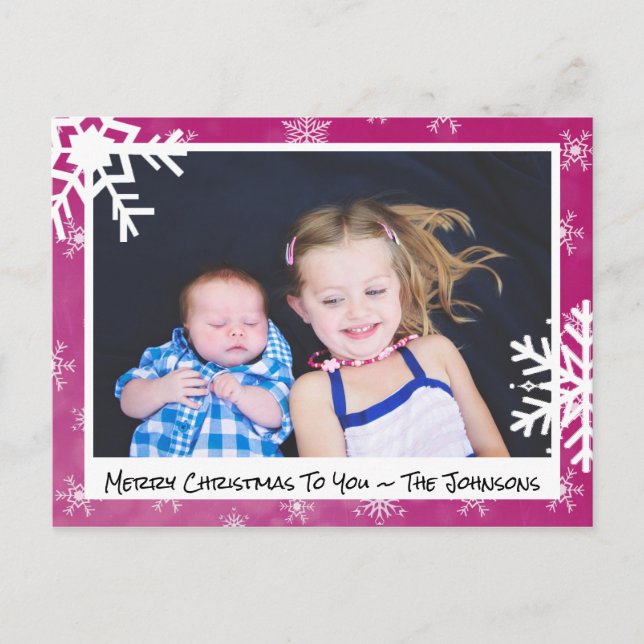 Noël Magenta Snowflakes Carte photo de famille (Devant)