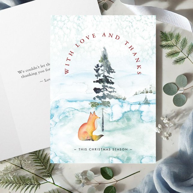 Noël Merci Cartes Watercolor Fox (Christmas thank you cards watercolor fox and pine tree in arch design Victoria Grigaliunas )