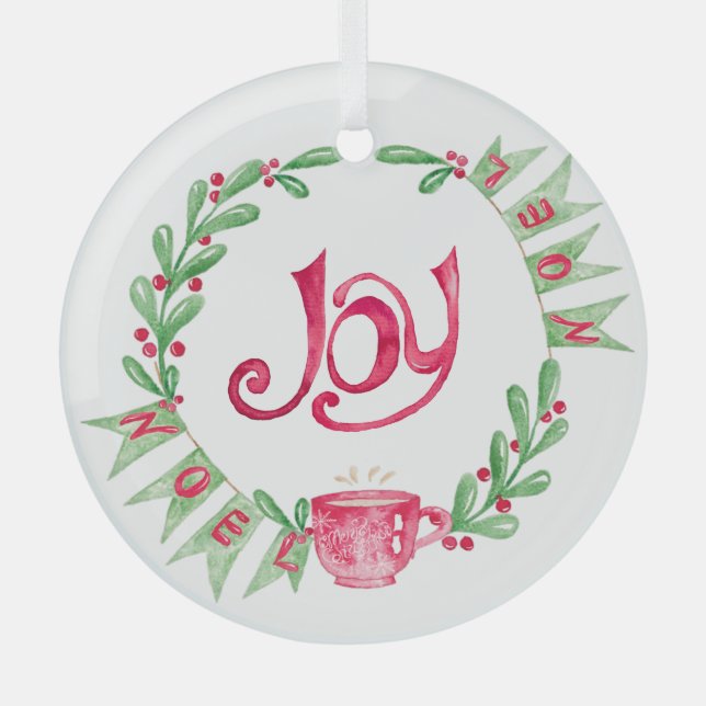 Noel Mistletoe Wreath in Watercolors  Glass Ornament (Front)