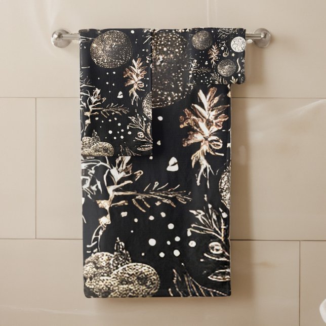 Noël moderne Elegant Festif Noir (Christmas Modern Elegant Festive Black Bath Towel Set)