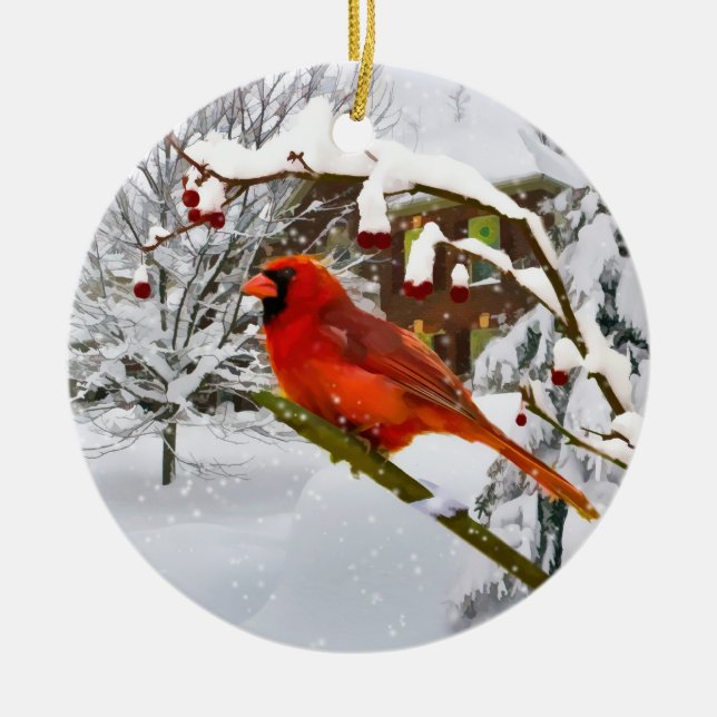 Noël, oiseau cardinal, neige, ornement (Devant)