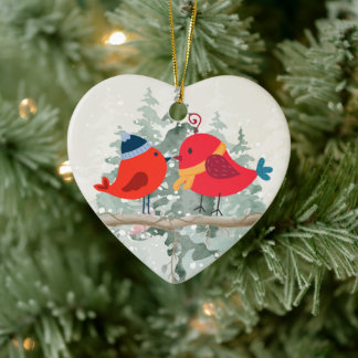 Noël Oiseau Couple - Ornement Coeur en Céramique