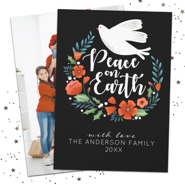 Noël Paix sur Terre Script Carte photo de vacances (An elegant photo Christmas card featuring a dove and the words Peace on earth)
