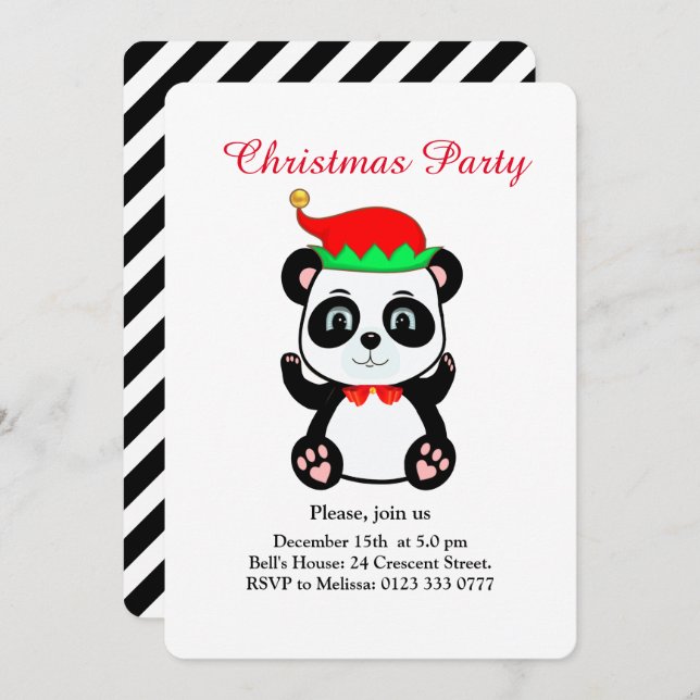 Noël Panda Ours Elf sur invitation de la fête blan (Devant / Derrière)