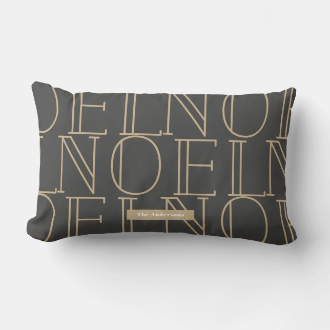 NOEL Pattern Dark Grey & Gold Lumbar Pillow (Front)