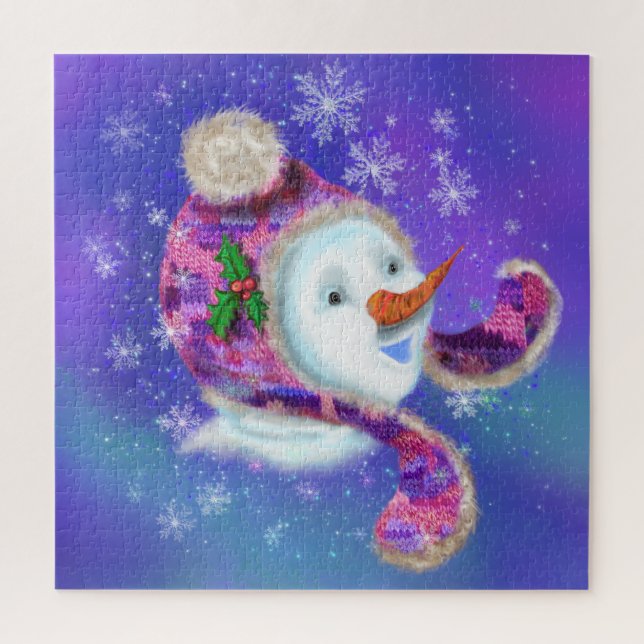 Noël Puzzle Snowman En Casquette rose violet (Vertical)
