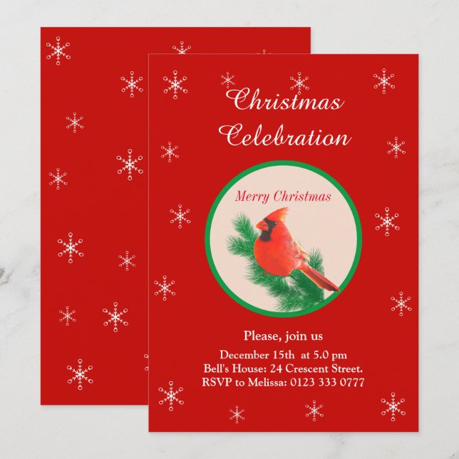 Noël Red Bird & Snowflakes Fête Invitation (Devant / Derrière)